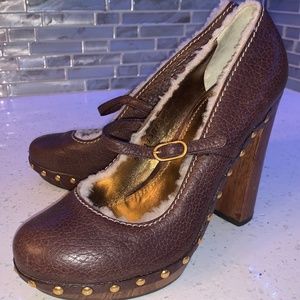 EUC Dolce & Gabbana Shearling Studded Brown Leather Mary Janes 38.5 (Size 8)